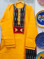 Handcrafted Sunshine Yellow Cotton Men's Kurta with Double Ikat Yoke