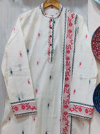 Handcrafted Off-White Men's Cotton Kurta with Handwoven Red & Black Butas