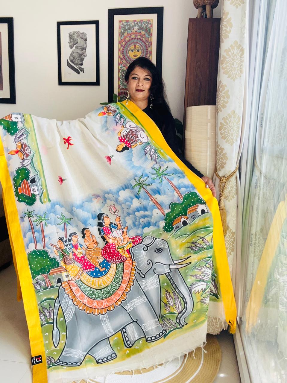 Hand-Painted Cotton Durga Puja Saree - Elephant Arrival Edition