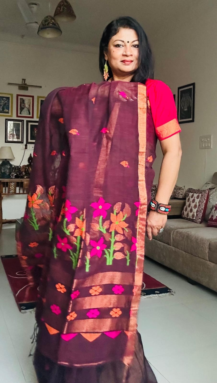 Handwoven Pure Linen Saree (Dark Brown)
