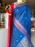 Handcrafted Ink Blue Silk Saree with Tribal Weave Pallu