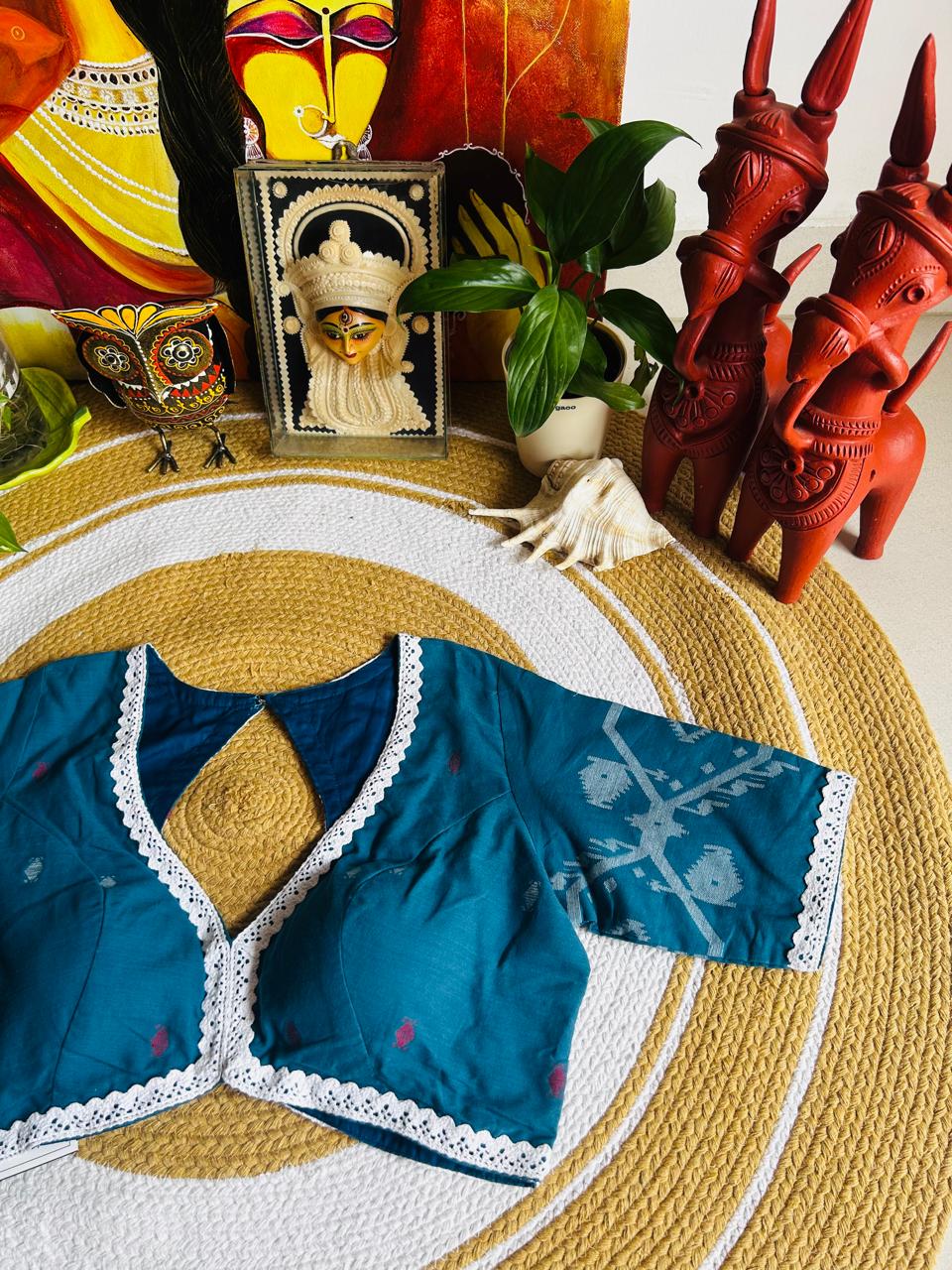 Handcrafted Cerulean Blue Cotton Jamdani Padded Blouse