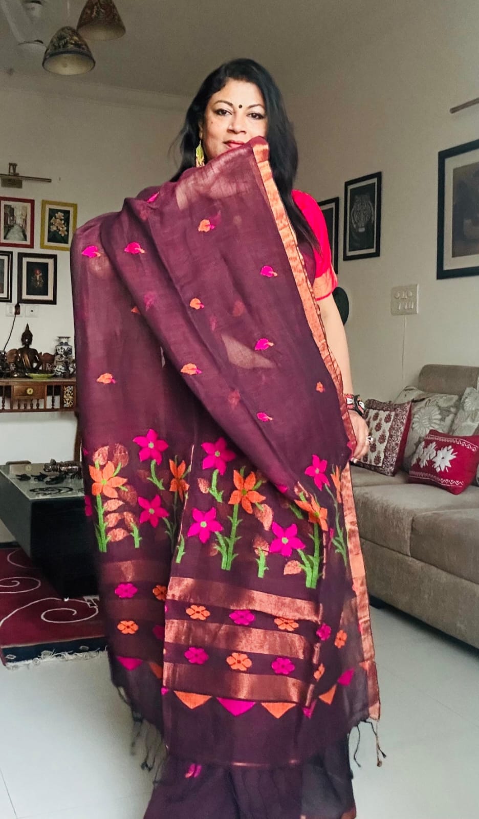 Handwoven Pure Linen Saree (Dark Brown)