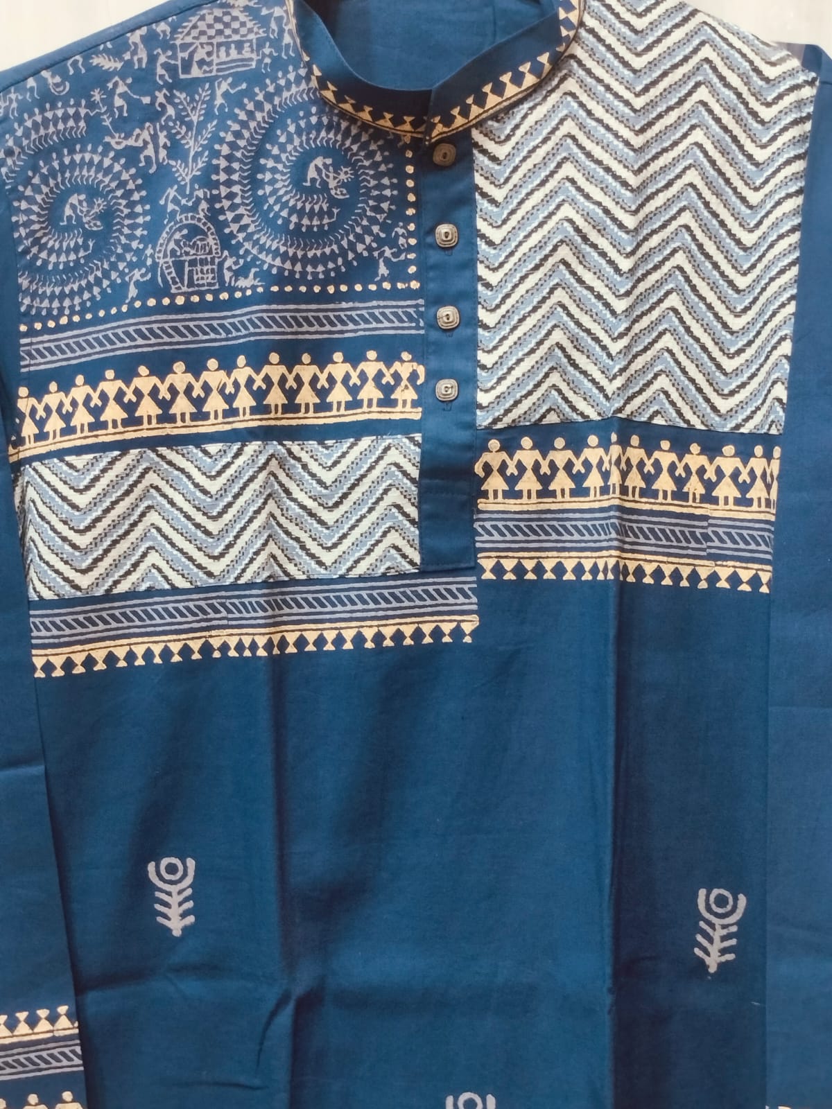 Handcrafted Deep Indigo Cotton Men's Kurta with Warli Art & Chevron Yoke