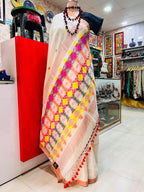 Handwoven Pure Linen Saree ( White )