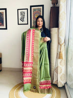 Handcrafted Sage Green Tussar Silk Saree with Temple Print Pallu