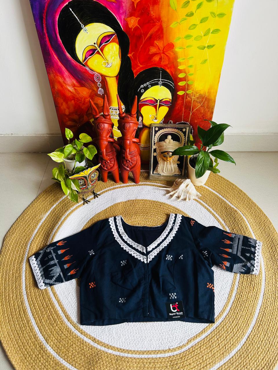 Handcrafted Navy Blue Cotton Jamdani Ready-to-Wear Blouse