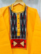 Handcrafted Sunshine Yellow Cotton Men's Kurta with Double Ikat Yoke
