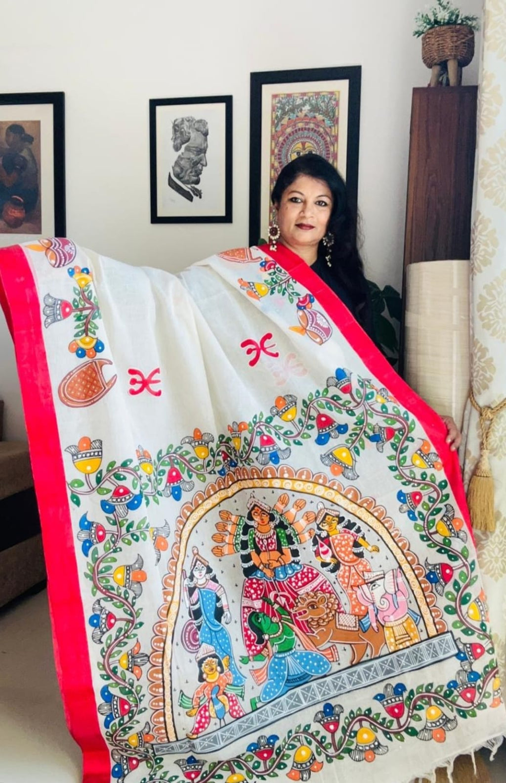 Hand-Painted Cotton Durga Puja Saree - Mahishasuramardini Arch Edition