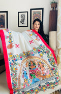 Hand-Painted Cotton Durga Puja Saree - Mahishasuramardini Arch Edition