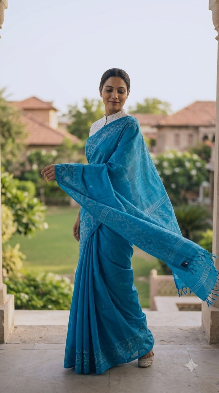 Handwoven Tussar Jamdani (Blue)