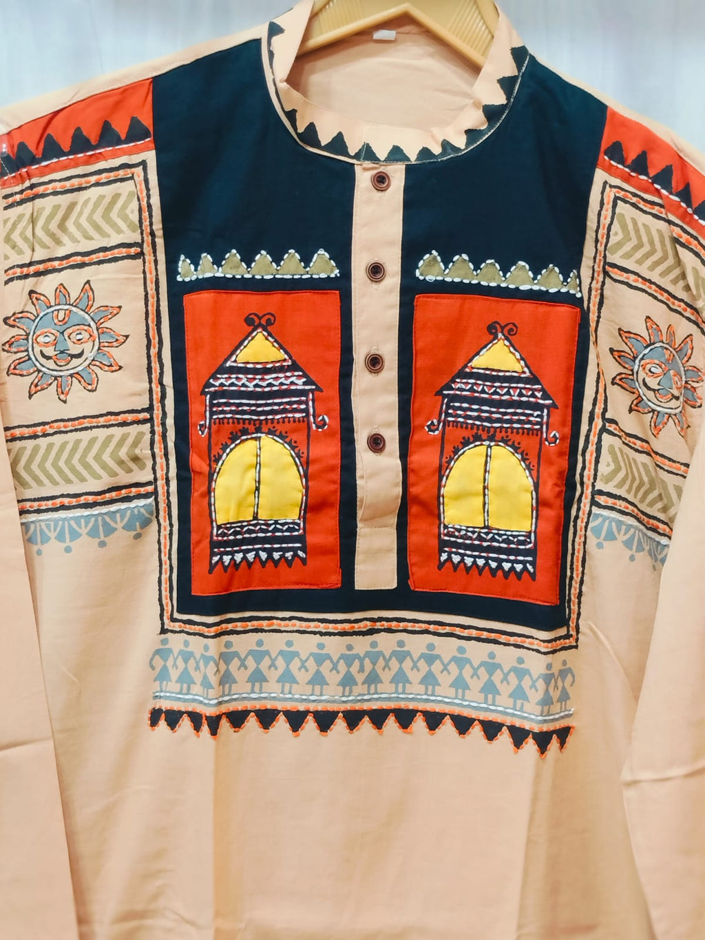 Handcrafted Light Apricot Cotton Men's Kurta with Madhubani Lantern Yoke