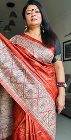 Handpainted Madhubani Tussar Gicha (Rust)