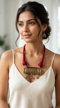 Handcrafted Dhokra Cylindrical Drum Pendant Necklace (Red)