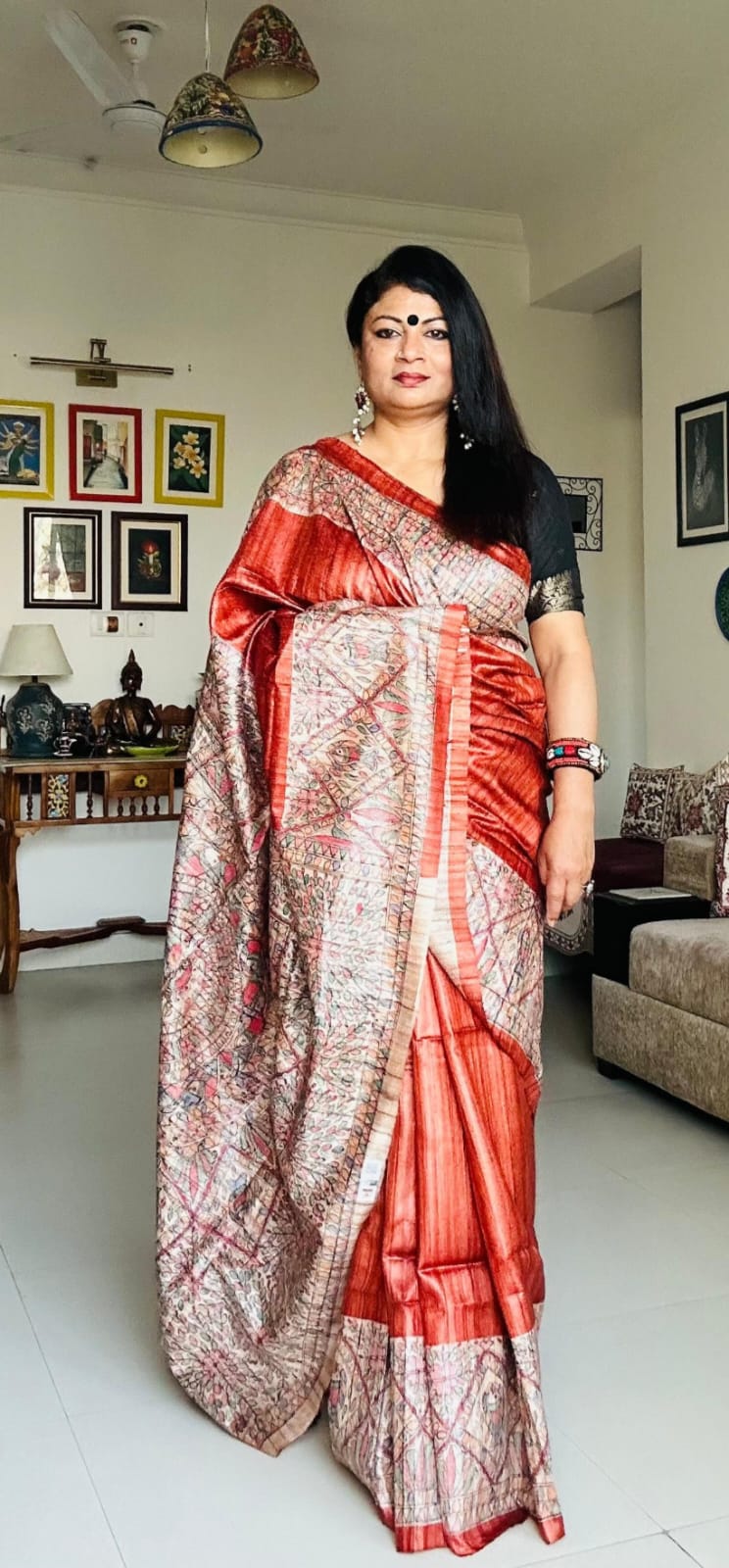 Handpainted Madhubani Tussar Gicha (Rust)