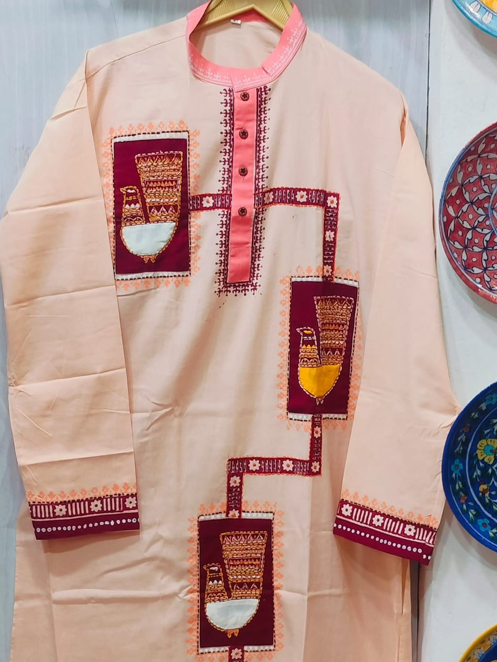 Handcrafted Peach Cotton Men's Kurta with Warli & Kantha AppliquŽ Yoke