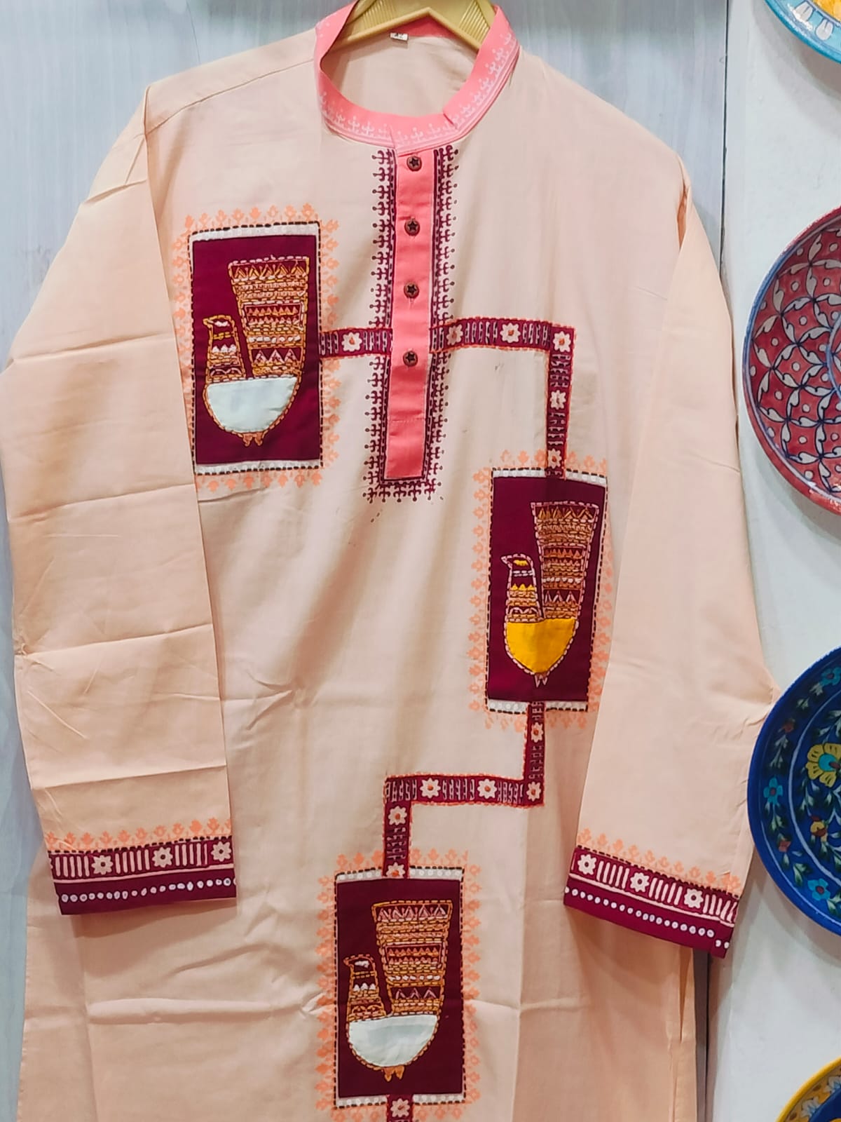 Handcrafted Peach Cotton Men's Kurta with Warli & Kantha AppliquŽ Yoke