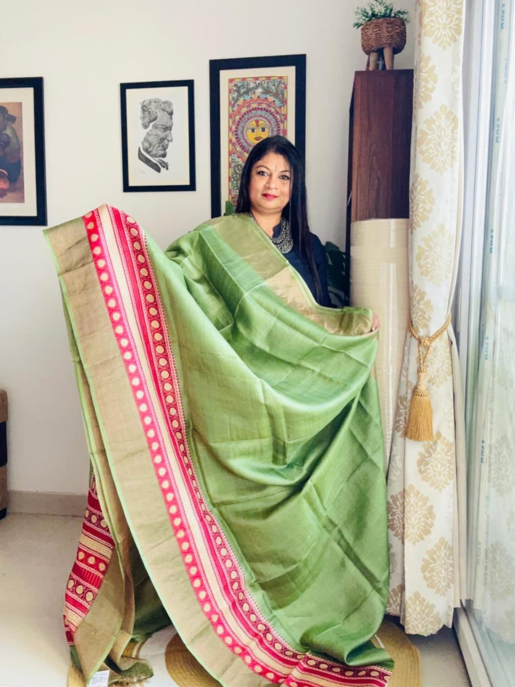 Handcrafted Sage Green Tussar Silk Saree with Temple Print Pallu