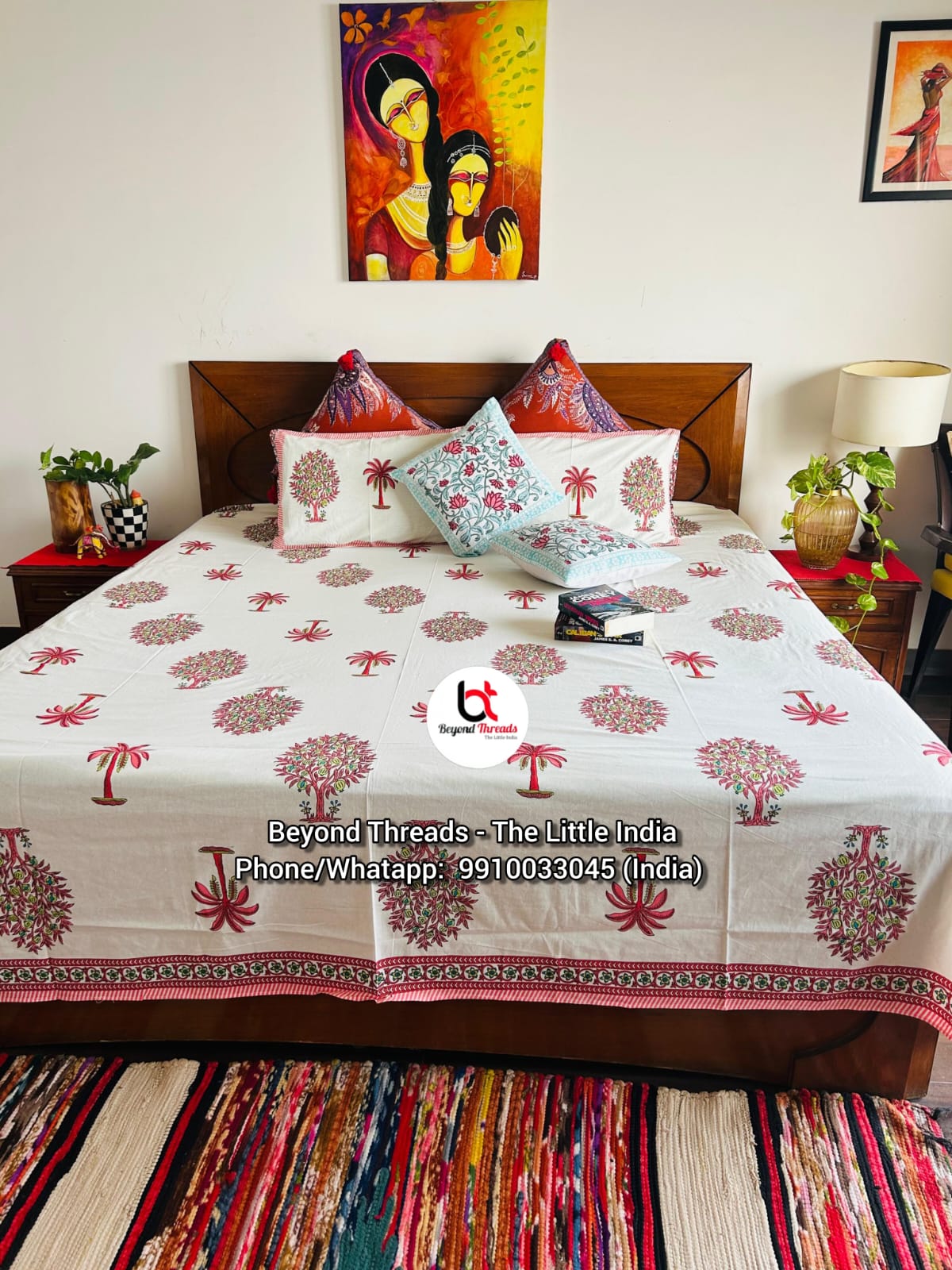 Handcrafted Mughal Tree of Life & Palm Hand-Block Printed Cotton Bedsheet Set