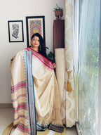 Handcrafted Cream Vidarbha Tussar Saree with Magenta & Blue Karvati Border