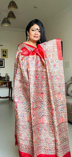 Handpainted Madhubani Tussar Gicha(Red)