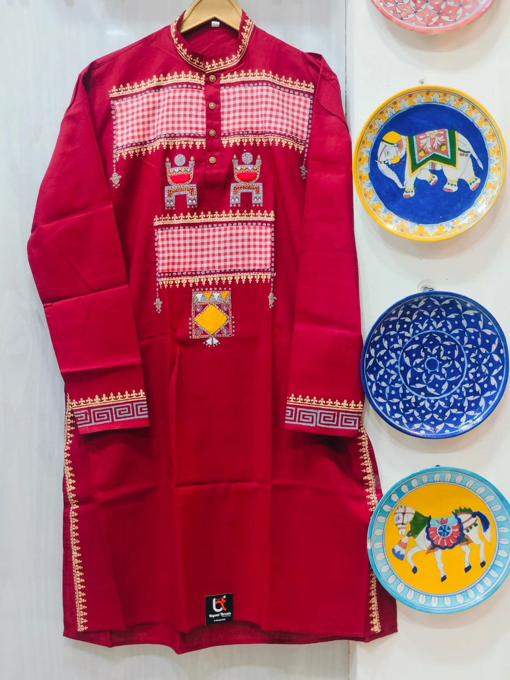 Handcrafted Crimson Red Cotton Men's Kurta with Gamcha Patchwork Yoke