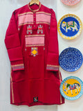 Handcrafted Crimson Red Cotton Men's Kurta with Gamcha Patchwork Yoke