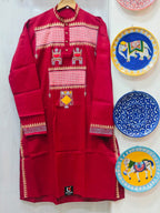Handcrafted Crimson Red Cotton Men's Kurta with Gamcha Patchwork Yoke
