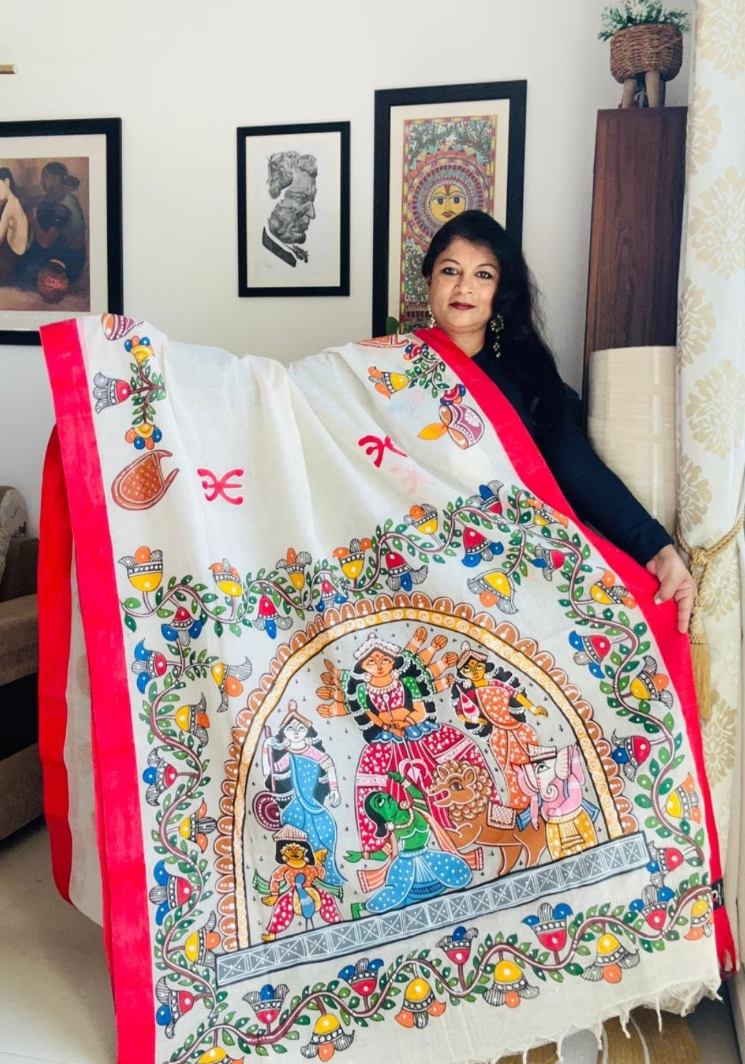 Hand-Painted Cotton Durga Puja Saree - Mahishasuramardini Arch Edition