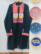 Handcrafted Jet Black Cotton Men's Kurta with Gamcha Patchwork Yoke