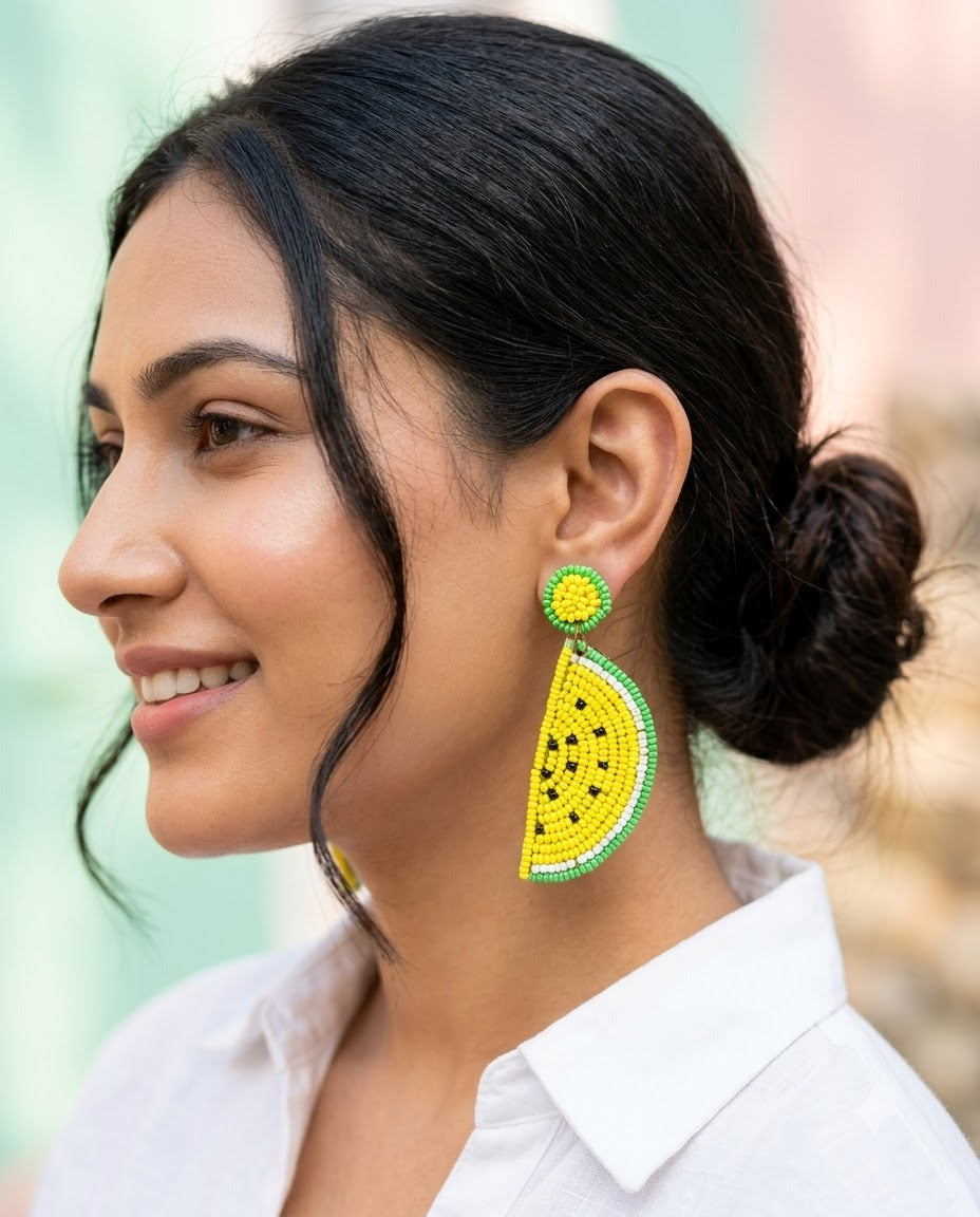 Handmade Lemon Slice Beaded Statement Drop Earrings (Yellow & Green)