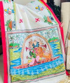 Hand-Painted Cotton Durga Puja Saree - Boat Journey Edition