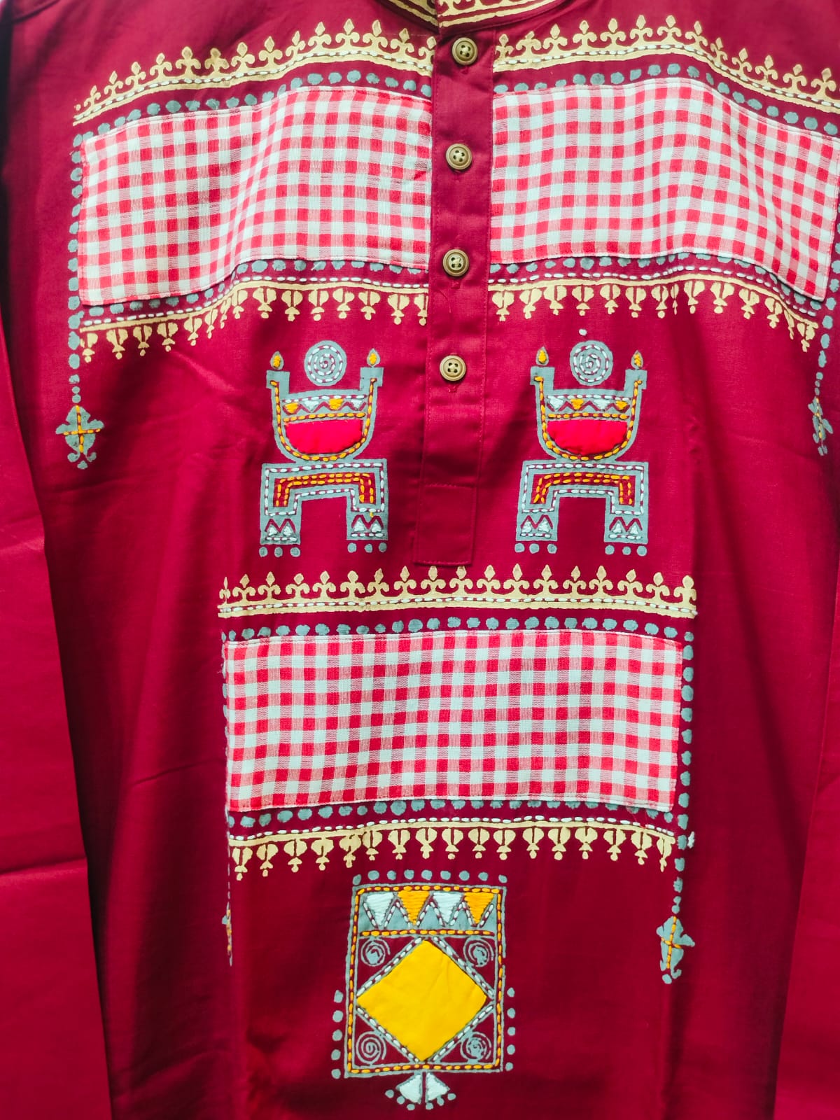 Handcrafted Crimson Red Cotton Men's Kurta with Gamcha Patchwork Yoke