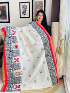 Handcrafted Off-White Cotton Fusion Saree with Tribal Block Print & Appliqué