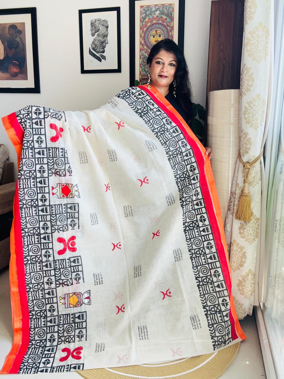 Handcrafted Off-White Cotton Fusion Saree with Tribal Block Print & Appliqué