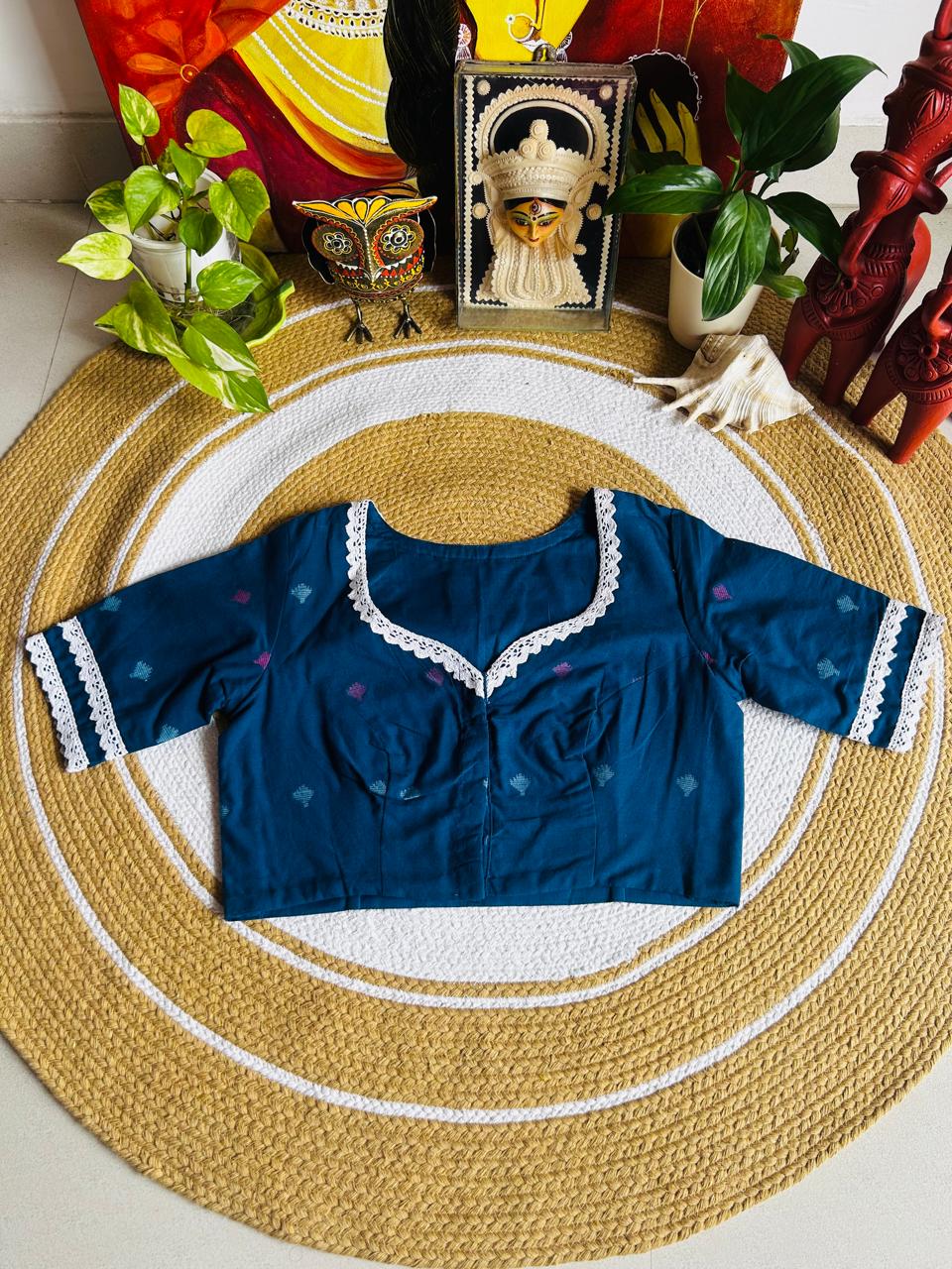 Handcrafted Azure Blue Cotton Jamdani Ready-to-Wear Blouse