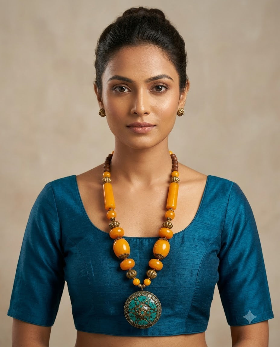 Handcrafted Amber Beaded Necklace with Turquoise Ornate Pendant