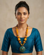 Handcrafted Amber Beaded Necklace with Turquoise Ornate Pendant