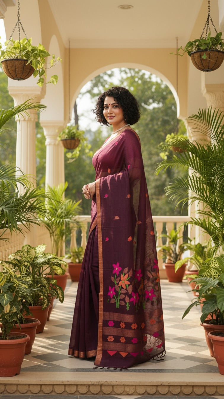 Handwoven Pure Linen Saree (Dark Brown)