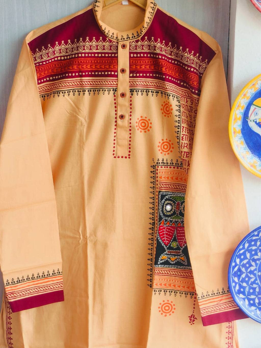 Handcrafted Cream Peach Cotton Men's Kurta with Folk Art Applique Yoke