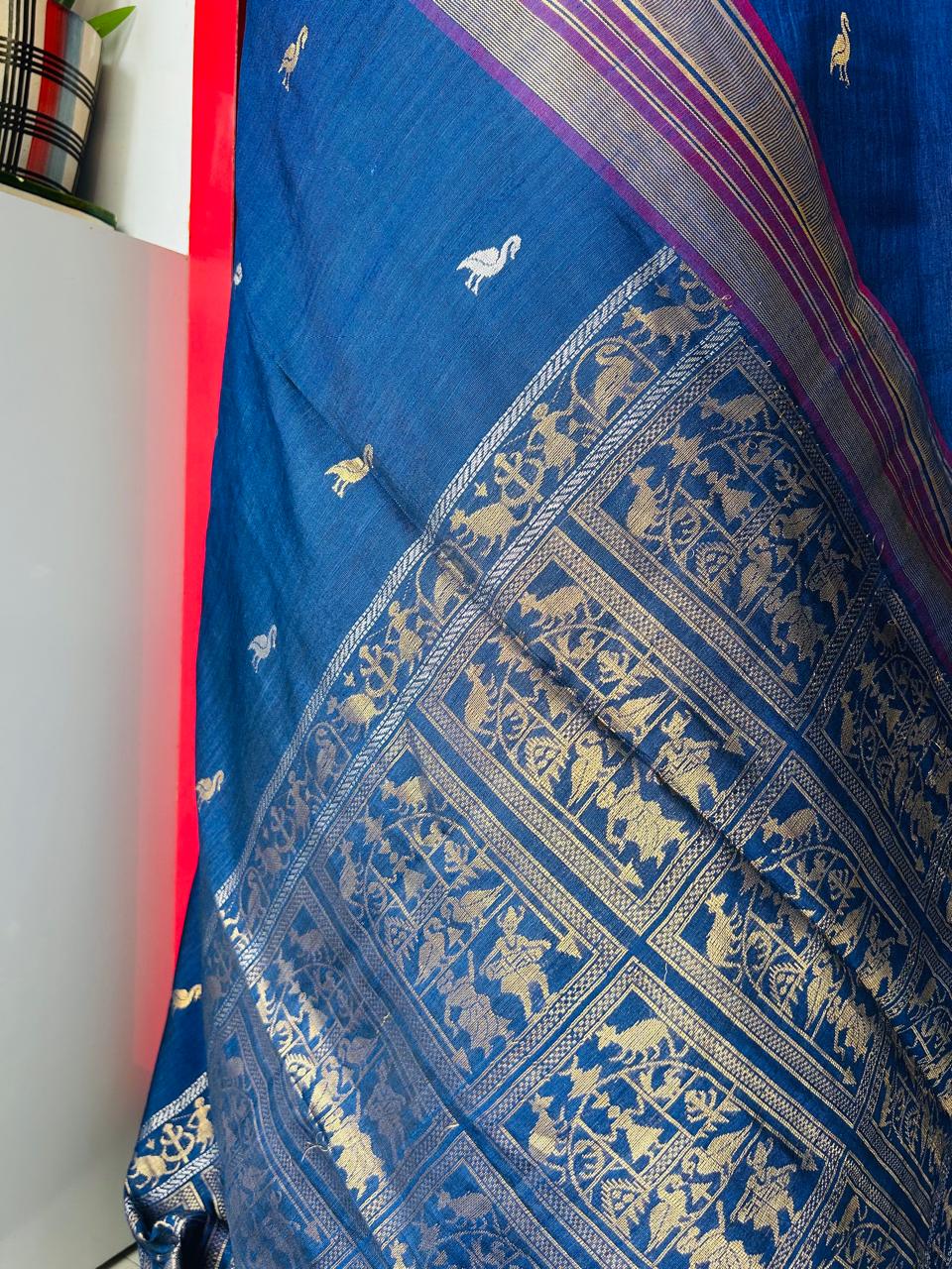 Handcrafted Ink Blue Silk Saree with Tribal Weave Pallu