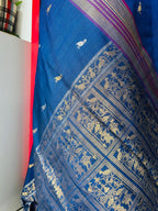 Handcrafted Ink Blue Silk Saree with Tribal Weave Pallu