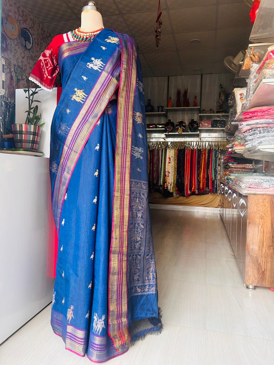 Handcrafted Ink Blue Silk Saree with Tribal Weave Pallu