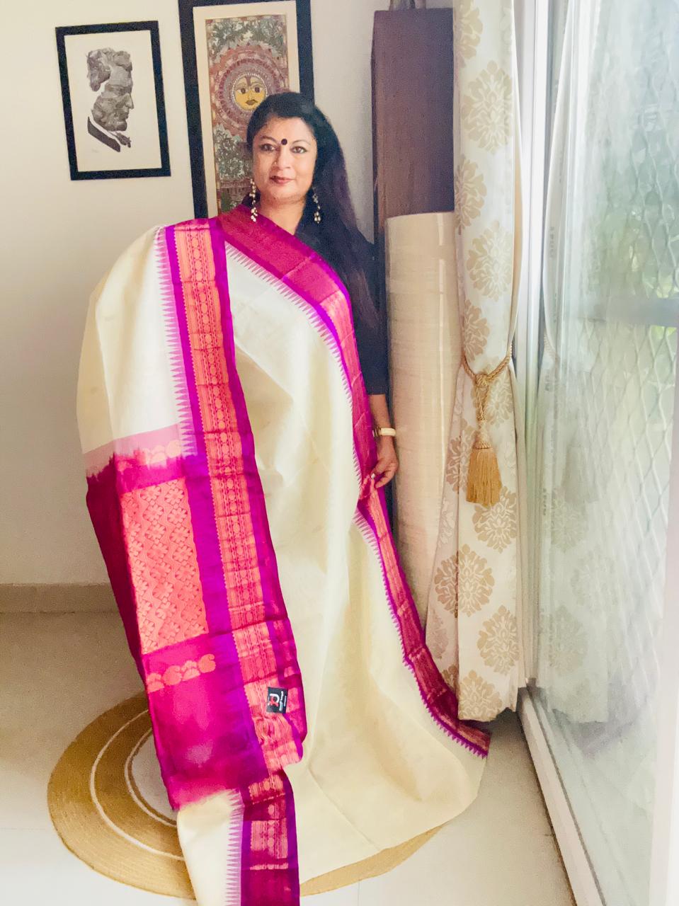 Handcrafted White Gadwal Cotton Saree with Magenta Zari Border