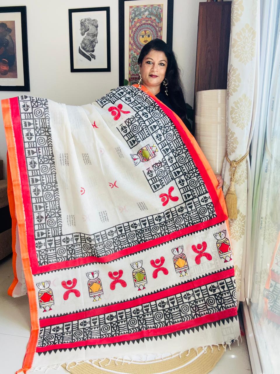 Handcrafted Off-White Cotton Fusion Saree with Tribal Block Print & Appliqué