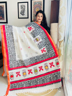 Handcrafted Off-White Cotton Fusion Saree with Tribal Block Print & Appliqué