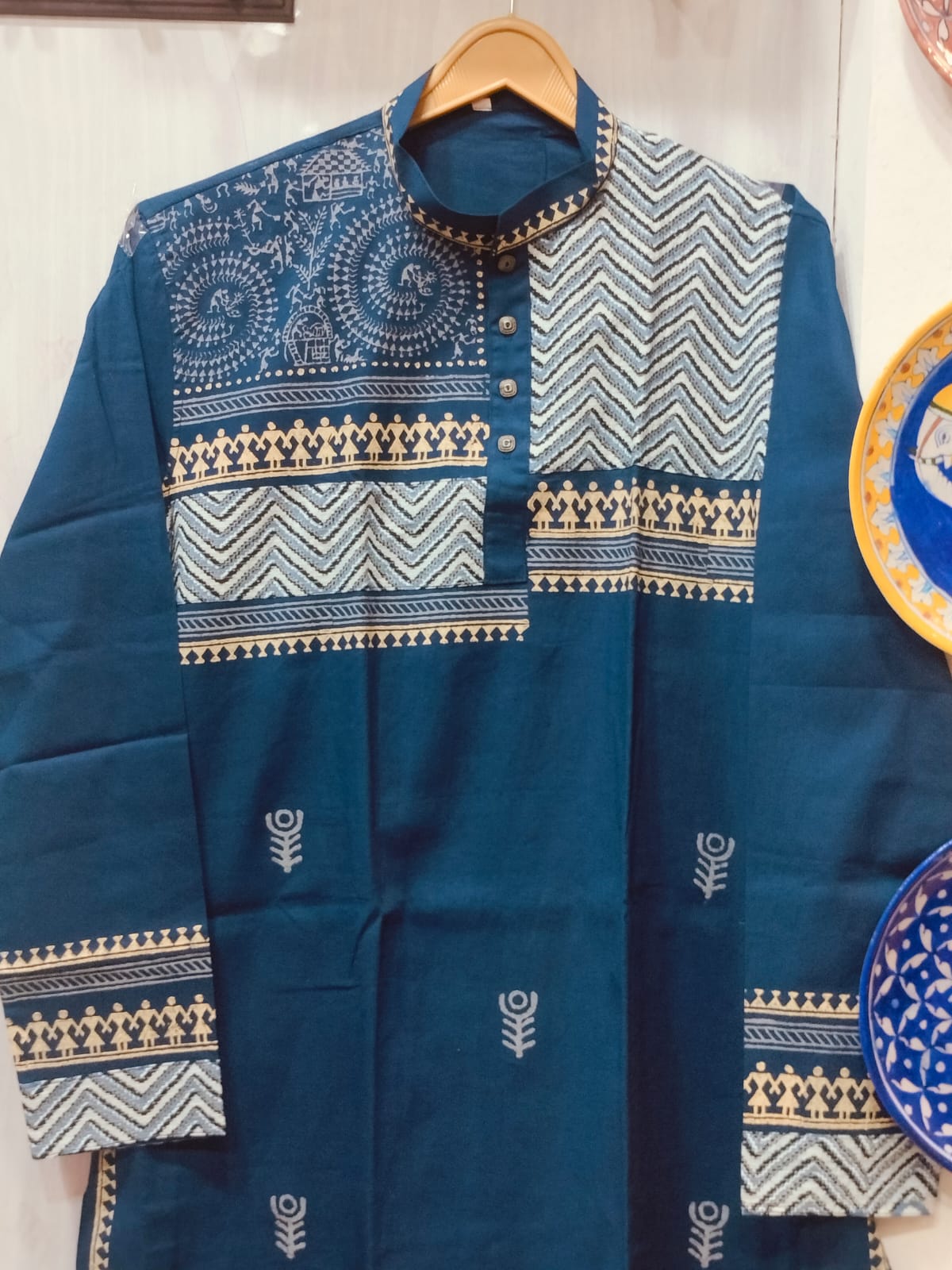 Handcrafted Deep Indigo Cotton Men's Kurta with Warli Art & Chevron Yoke
