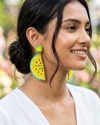 Handmade Lemon Slice Beaded Statement Drop Earrings (Yellow & Green)