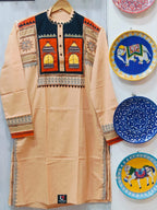 Handcrafted Light Apricot Cotton Men's Kurta with Madhubani Lantern Yoke