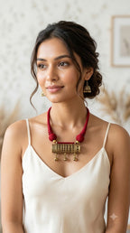 Handcrafted Dhokra Cylindrical Drum Pendant Necklace (Red)